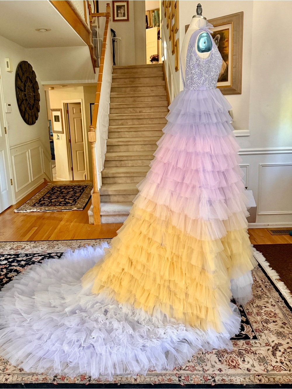 Pastel Multi-Color Layered Tulle Gown with Train size 6